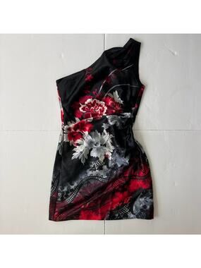 Vintage Y2K Extraordinary Black&Red Floral One Shoulder Satin Mini Dress Sz XS